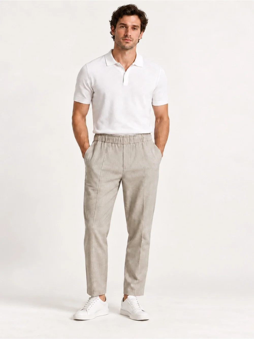 Zara Men Slim Fit Herringbone Pull-On Pants Beige XL 34